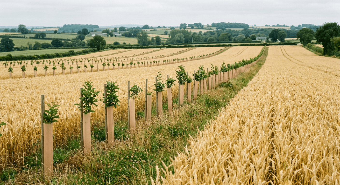 Des lignes d’arbres traversent un champ de céréales