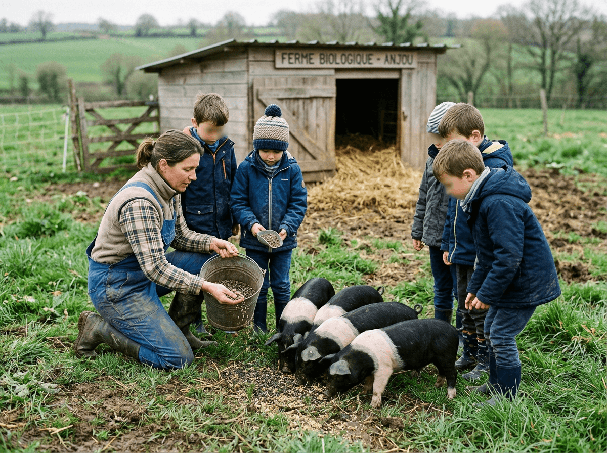 Un éleveur montre à un groupe d’enfants comment nourrir les porcelets dans un parc herbeux